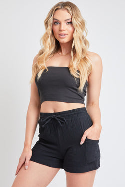 Drawstring Textured Shorts with Patch Pocket